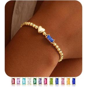 Turandoss Birthstone Bracelets for Women – Dainty 14K Gold Plated Elastic Beaded Green Emerald Birthstone Heart Bracelets Friendship Birthday Jewelry Gifts for Women Girls Trendy(09.September(Sapphire))
