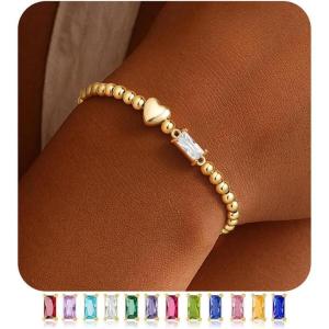 Turandoss Birthstone Bracelets for Women – Dainty 14K Gold Plated Elastic Beaded Green Emerald Birthstone Heart Bracelets Friendship Birthday Jewelry Gifts for Women Girls Trendy(04.April(White Topaz))