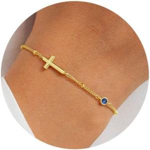 Turandoss Cross Birthstone Bracelets for Women Teen Girls – 14K Gold Plated Cross Charm 12 Months Created Birthstone Bracelet Jewelry Birthday Religious Gifts for Women(12-Dec-Lab Tanzanite)