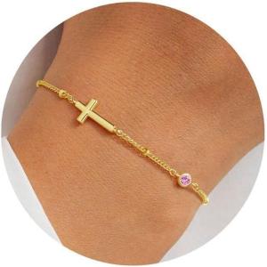 Turandoss Cross Birthstone Bracelets for Women Teen Girls – 14K Gold Plated Cross Charm 12 Months Created Birthstone Bracelet Jewelry Birthday Religious Gifts for Women(10-Oct-Lab Pink Tourmaline)