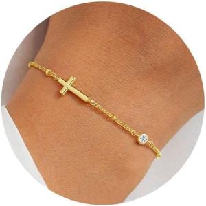 Turandoss Cross Birthstone Bracelets for Women Teen Girls – 14K Gold Plated Cross Charm 12 Months Created Birthstone Bracelet Jewelry Birthday Religious Gifts for Women(04-Apr-Lab Daimond)