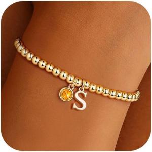 Turandoss Easter Basket Stuffers Gifts – Dainty 14K Gold Plated 12 Months Birthstone Charm Letter A-Z Bracelet Trendy Personalized Easter Jewelry Gifts for Women Teen Girls(Nov-Citrine)