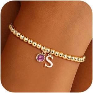 Turandoss Easter Basket Stuffers Gifts – Dainty 14K Gold Plated 12 Months Birthstone Charm Letter A-Z Bracelet Trendy Personalized Easter Jewelry Gifts for Women Teen Girls(Oct-Tourmaline)