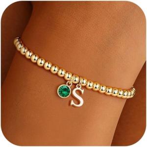 Turandoss Easter Basket Stuffers Gifts – Dainty 14K Gold Plated 12 Months Birthstone Charm Letter A-Z Bracelet Trendy Personalized Easter Jewelry Gifts for Women Teen Girls(May-Emerald)