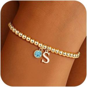 Turandoss Easter Basket Stuffers Gifts – Dainty 14K Gold Plated 12 Months Birthstone Charm Letter A-Z Bracelet Trendy Personalized Easter Jewelry Gifts for Women Teen Girls(Mar-Aquamarine)