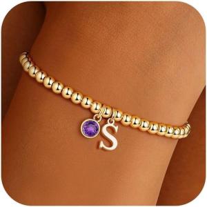 Turandoss Easter Basket Stuffers Gifts – Dainty 14K Gold Plated 12 Months Birthstone Charm Letter A-Z Bracelet Trendy Personalized Easter Jewelry Gifts for Women Teen Girls(Feb-Amethyst)