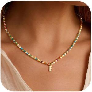 Turandoss Easter Basket Stuffers for Girls Trendy, Dainty 14K Gold Plated Beads Initial A-Z Colorful Beaded Pendent Necklace Birthday Personalized Easter Jewelry Gifts for Women Girls(F)