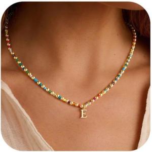 Turandoss Easter Basket Stuffers for Girls Trendy, Dainty 14K Gold Plated Beads Initial A-Z Colorful Beaded Pendent Necklace Birthday Personalized Easter Jewelry Gifts for Women Girls(E)