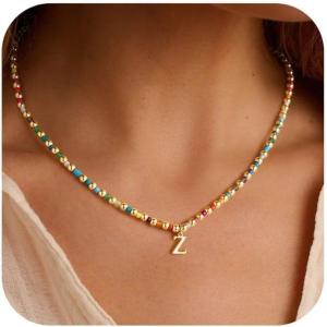 Turandoss Easter Basket Stuffers for Girls Trendy, Dainty 14K Gold Plated Beads Initial A-Z Colorful Beaded Pendent Necklace Birthday Personalized Easter Jewelry Gifts for Women Girls(Z)