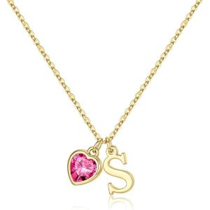 Turandoss Easter Basket Stuffers for Girls Women, Dainty 14K Gold Plated Initial A-Z Heart Birthstone Pendant Necklace Personalized Bridesmaid Birthday Jewelry Easter Gifts for Teen Girls(010-Oct-Lab Grown Pink Sapphire)
