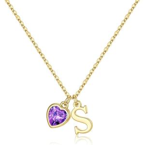 Turandoss Easter Basket Stuffers for Girls Women, Dainty 14K Gold Plated Initial A-Z Heart Birthstone Pendant Necklace Personalized Bridesmaid Birthday Jewelry Easter Gifts for Teen Girls(02-Feb-Lab Grown Amethyst)