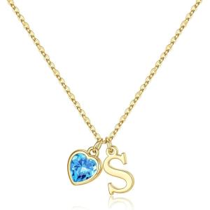 Turandoss Easter Basket Stuffers for Girls Women, Dainty 14K Gold Plated Initial A-Z Heart Birthstone Pendant Necklace Personalized Bridesmaid Birthday Jewelry Easter Gifts for Teen Girls(03-Mar-Lab Grown Aquamarine)