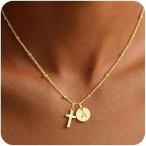 Turandoss Easter Basket Stuffers for Teen Girls – Dainty 14K Gold Plated Disc Initial A-Z Cross Pendant Necklace Trendy Faith Easter Jewelry Gifts for Women Girls(A.)