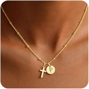 Turandoss Easter Basket Stuffers for Teen Girls – Dainty 14K Gold Plated Disc Initial A-Z Cross Pendant Necklace Trendy Faith Easter Jewelry Gifts for Women Girls(P)