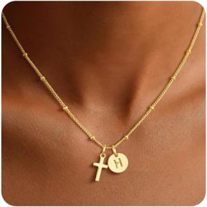 Turandoss Easter Basket Stuffers for Teen Girls – Dainty 14K Gold Plated Disc Initial A-Z Cross Pendant Necklace Trendy Faith Easter Jewelry Gifts for Women Girls(H)