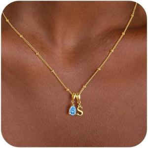 Turandoss Easter Basket Stuffers for Women – Dainty 14K Gold Plated 12 Months Birthstone Initial A-Z Necklace Trendy Jewelry Birthday Easter Gifts for Grandma Mom Teen Girls(03-Mar-Aquamarine)