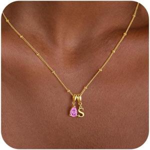 Turandoss Easter Basket Stuffers for Women – Dainty 14K Gold Plated 12 Months Birthstone Initial A-Z Necklace Trendy Jewelry Birthday Easter Gifts for Grandma Mom Teen Girls(10-Oct-Pink Sapphire)