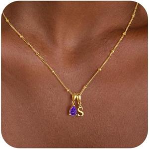 Turandoss Easter Basket Stuffers for Women – Dainty 14K Gold Plated 12 Months Birthstone Initial A-Z Necklace Trendy Jewelry Birthday Easter Gifts for Grandma Mom Teen Girls(02-Feb-Amethyst)