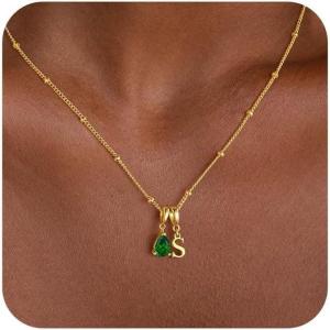 Turandoss Easter Basket Stuffers for Women – Dainty 14K Gold Plated 12 Months Birthstone Initial A-Z Necklace Trendy Jewelry Birthday Easter Gifts for Grandma Mom Teen Girls(05-May-Emerald)