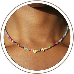 Turandoss Easter Gifts Basket Stuffers for Kids Girls – Colorful Beaded Initial Cross Necklace, Letter A-Z Handmade Beaded Dainty Choker Necklaces for Toddlers Her Friend Female Jewelry Birthday Gifts(B)