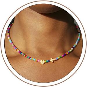 Turandoss Easter Gifts Basket Stuffers for Kids Girls – Colorful Beaded Initial Cross Necklace, Letter A-Z Handmade Beaded Dainty Choker Necklaces for Toddlers Her Friend Female Jewelry Birthday Gifts(I)
