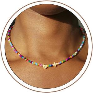 Turandoss Easter Gifts Basket Stuffers for Kids Girls – Colorful Beaded Initial Cross Necklace, Letter A-Z Handmade Beaded Dainty Choker Necklaces for Toddlers Her Friend Female Jewelry Birthday Gifts(V)
