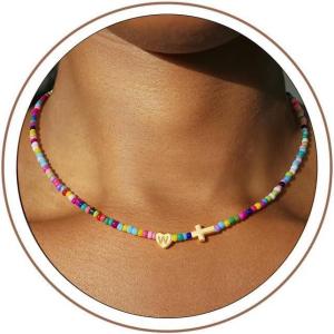 Turandoss Easter Gifts Basket Stuffers for Kids Girls – Colorful Beaded Initial Cross Necklace, Letter A-Z Handmade Beaded Dainty Choker Necklaces for Toddlers Her Friend Female Jewelry Birthday Gifts(W)