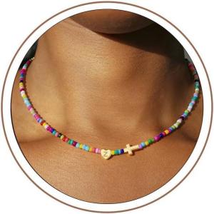 Turandoss Easter Gifts Basket Stuffers for Kids Girls – Colorful Beaded Initial Cross Necklace, Letter A-Z Handmade Beaded Dainty Choker Necklaces for Toddlers Her Friend Female Jewelry Birthday Gifts(Z)