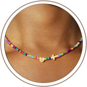 Turandoss Easter Gifts Basket Stuffers for Kids Girls – Colorful Beaded Initial Cross Necklace, Letter A-Z Handmade Beaded Dainty Choker Necklaces for Toddlers Her Friend Female Jewelry Birthday Gifts(E)