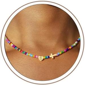 Turandoss Easter Gifts Basket Stuffers for Kids Girls – Colorful Beaded Initial Cross Necklace, Letter A-Z Handmade Beaded Dainty Choker Necklaces for Toddlers Her Friend Female Jewelry Birthday Gifts(G)