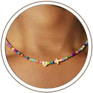 Turandoss Easter Gifts Basket Stuffers for Kids Girls – Colorful Beaded Initial Cross Necklace, Letter A-Z Handmade Beaded Dainty Choker Necklaces for Toddlers Her Friend Female Jewelry Birthday Gifts(R)