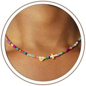 Turandoss Easter Gifts Basket Stuffers for Kids Girls – Colorful Beaded Initial Cross Necklace, Letter A-Z Handmade Beaded Dainty Choker Necklaces for Toddlers Her Friend Female Jewelry Birthday Gifts(D)