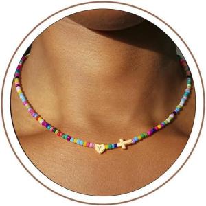Turandoss Easter Gifts Basket Stuffers for Kids Girls – Colorful Beaded Initial Cross Necklace, Letter A-Z Handmade Beaded Dainty Choker Necklaces for Toddlers Her Friend Female Jewelry Birthday Gifts(Y)