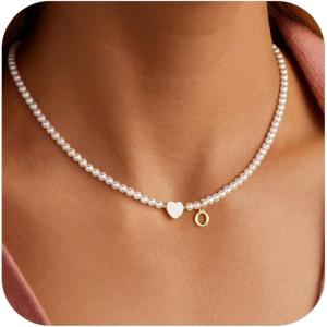 Turandoss Easter Gifts for Kids Girls Trendy, Dainty 14K Gold Plated Heart Initial Pearl Pendent Necklace Bridesmaid Proposal Jewelry Gifts Easter Basket Stuffers for Women Girls(O)