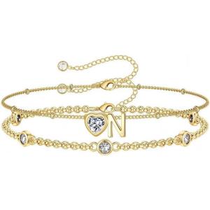 Turandoss Easter Gifts for Kids Teen Girls – 14K Gold Plated Initial Heart Charm Birthstone Bracelets Easter Basket Stuffers for Daughter Toddler Teens Her Mom Girlfriend Wife Jewelry Birthday Gifts(04-Lab White Topaz-N)