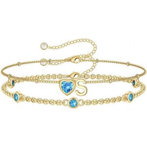 Turandoss Easter Gifts for Kids Teen Girls – 14K Gold Plated Initial Heart Charm Birthstone Bracelets Easter Basket Stuffers for Daughter Toddler Teens Her Mom Girlfriend Wife Jewelry Birthday Gifts(03-Lab Aquamarine-S)