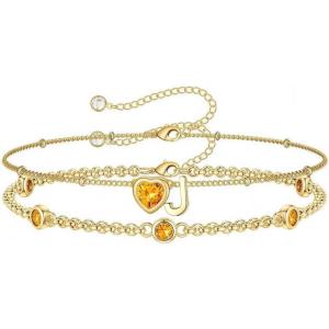 Turandoss Easter Gifts for Kids Teen Girls – 14K Gold Plated Initial Heart Charm Birthstone Bracelets Easter Basket Stuffers for Daughter Toddler Teens Her Mom Girlfriend Wife Jewelry Birthday Gifts(11-Lab Citrine-J)