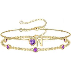 Turandoss Easter Gifts for Kids Teen Girls – 14K Gold Plated Initial Heart Charm Birthstone Bracelets Easter Basket Stuffers for Daughter Toddler Teens Her Mom Girlfriend Wife Jewelry Birthday Gifts(02-Lab Amethyst-N)