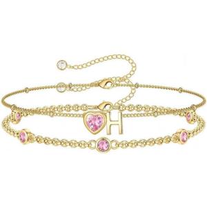 Turandoss Easter Gifts for Kids Teen Girls – 14K Gold Plated Initial Heart Charm Birthstone Bracelets Easter Basket Stuffers for Daughter Toddler Teens Her Mom Girlfriend Wife Jewelry Birthday Gifts(10-Lab Pink Tourmaline-H)