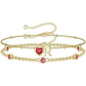 Turandoss Easter Gifts for Kids Teen Girls – 14K Gold Plated Initial Heart Charm Birthstone Bracelets Easter Basket Stuffers for Daughter Toddler Teens Her Mom Girlfriend Wife Jewelry Birthday Gifts(07-Lab Ruby-R)