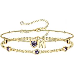 Turandoss Easter Gifts for Kids Teen Girls – 14K Gold Plated Initial Heart Charm Birthstone Bracelets Easter Basket Stuffers for Daughter Toddler Teens Her Mom Girlfriend Wife Jewelry Birthday Gifts(06-Lab Alexandrite-M)
