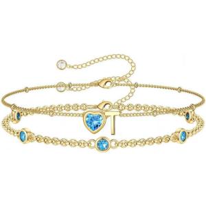 Turandoss Easter Gifts for Kids Teen Girls – 14K Gold Plated Initial Heart Charm Birthstone Bracelets Easter Basket Stuffers for Daughter Toddler Teens Her Mom Girlfriend Wife Jewelry Birthday Gifts(03-Lab Aquamarine-T)