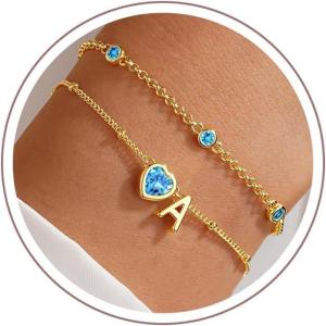 Turandoss Easter Gifts for Kids Teen Girls – 14K Gold Plated Initial Heart Charm Birthstone Bracelets Easter Basket Stuffers for Daughter Toddler Teens Her Mom Girlfriend Wife Jewelry Birthday Gifts(03-Lab Aquamarine-A.)