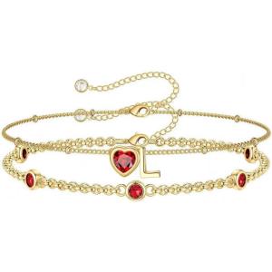 Turandoss Easter Gifts for Kids Teen Girls – 14K Gold Plated Initial Heart Charm Birthstone Bracelets Easter Basket Stuffers for Daughter Toddler Teens Her Mom Girlfriend Wife Jewelry Birthday Gifts(01-Lab Garnet-L)