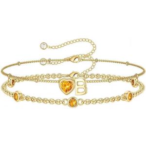 Turandoss Easter Gifts for Kids Teen Girls – 14K Gold Plated Initial Heart Charm Birthstone Bracelets Easter Basket Stuffers for Daughter Toddler Teens Her Mom Girlfriend Wife Jewelry Birthday Gifts(11-Lab Citrine-B)