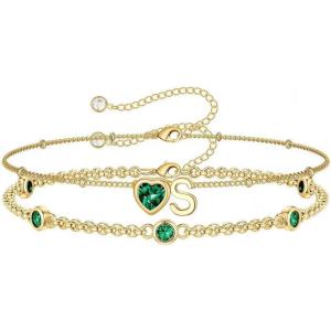 Turandoss Easter Gifts for Kids Teen Girls – 14K Gold Plated Initial Heart Charm Birthstone Bracelets Easter Basket Stuffers for Daughter Toddler Teens Her Mom Girlfriend Wife Jewelry Birthday Gifts(05-Lab Emerald-S)
