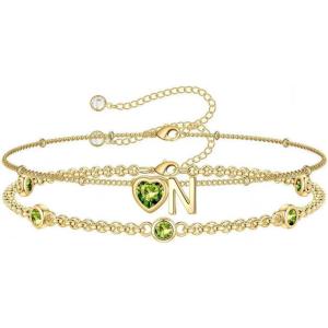 Turandoss Easter Gifts for Kids Teen Girls – 14K Gold Plated Initial Heart Charm Birthstone Bracelets Easter Basket Stuffers for Daughter Toddler Teens Her Mom Girlfriend Wife Jewelry Birthday Gifts(08-Lab Peridot-N)