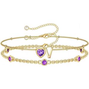 Turandoss Easter Gifts for Kids Teen Girls – 14K Gold Plated Initial Heart Charm Birthstone Bracelets Easter Basket Stuffers for Daughter Toddler Teens Her Mom Girlfriend Wife Jewelry Birthday Gifts(02-Lab Amethyst-V)