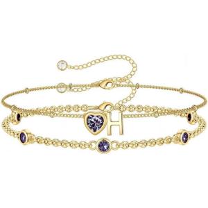 Turandoss Easter Gifts for Kids Teen Girls – 14K Gold Plated Initial Heart Charm Birthstone Bracelets Easter Basket Stuffers for Daughter Toddler Teens Her Mom Girlfriend Wife Jewelry Birthday Gifts(06-Lab Alexandrite-H)