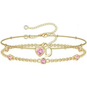 Turandoss Easter Gifts for Kids Teen Girls – 14K Gold Plated Initial Heart Charm Birthstone Bracelets Easter Basket Stuffers for Daughter Toddler Teens Her Mom Girlfriend Wife Jewelry Birthday Gifts(10-Lab Pink Tourmaline-D)